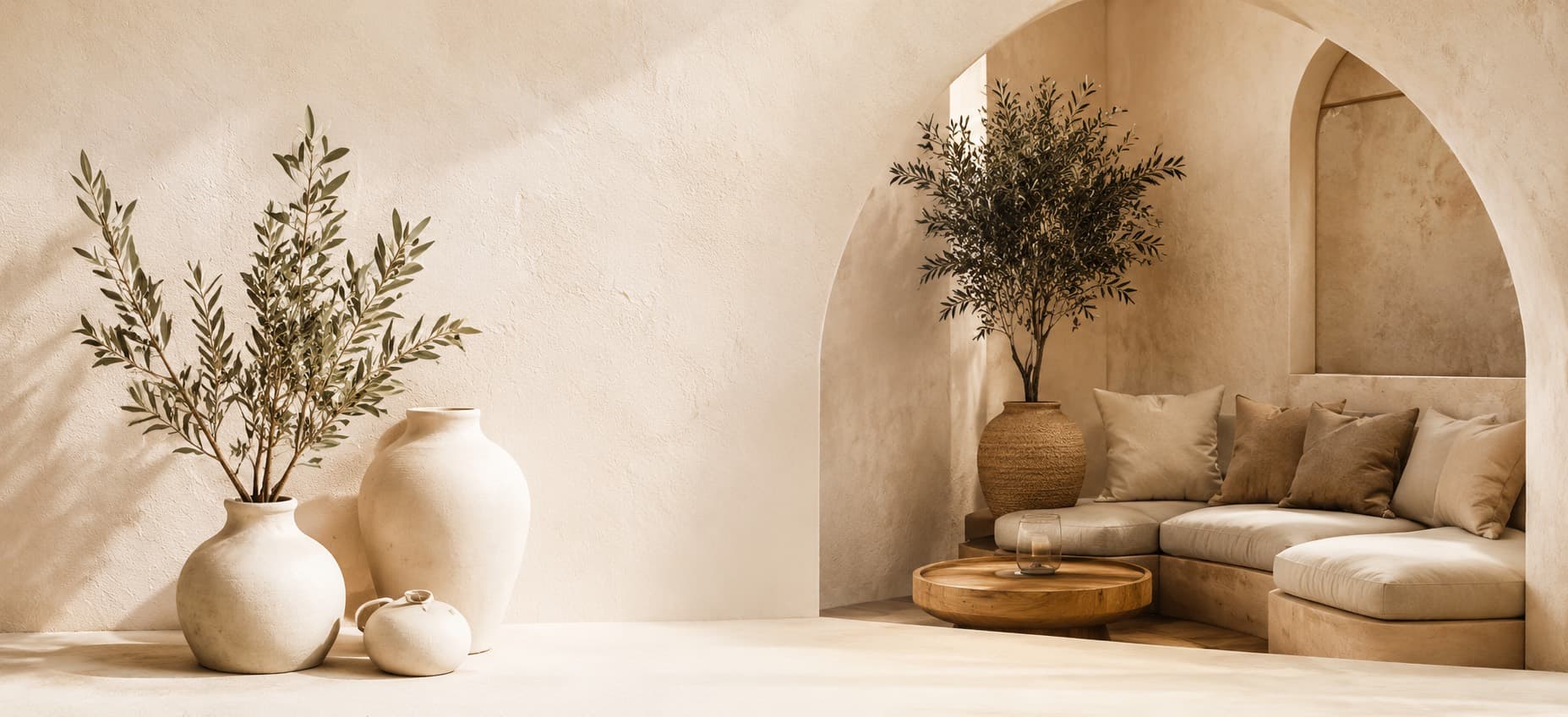 Mediterrane Lounge mit Olivenbäumen, Naturtönen und gemütlichen Sitzbereichen